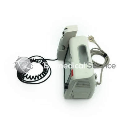 Gray Philips Healthcare SureSigns VS4 vital signs monitor with coiled black cable and gray power cord attached
