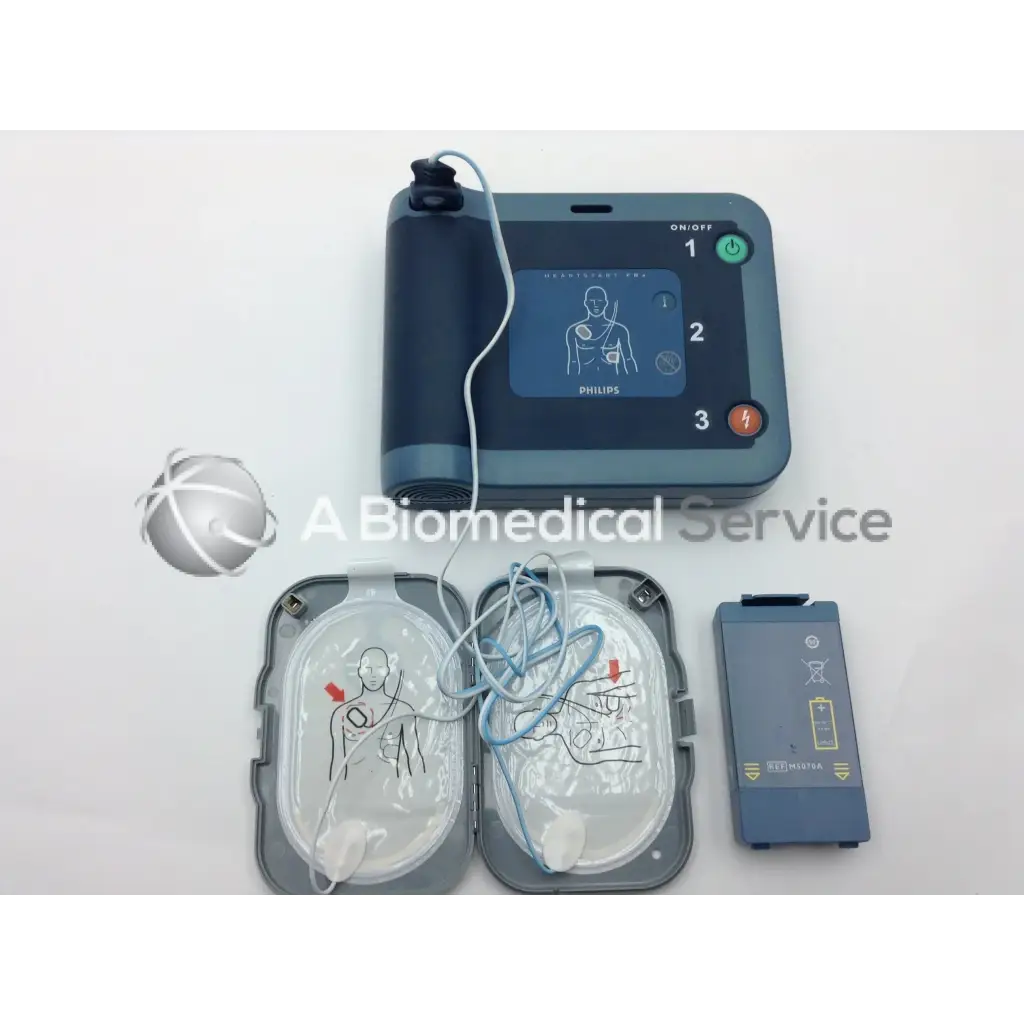 Philips heartstart frx automated external defibrillator with gray casing touchscreen showing electrode placement in carrying case