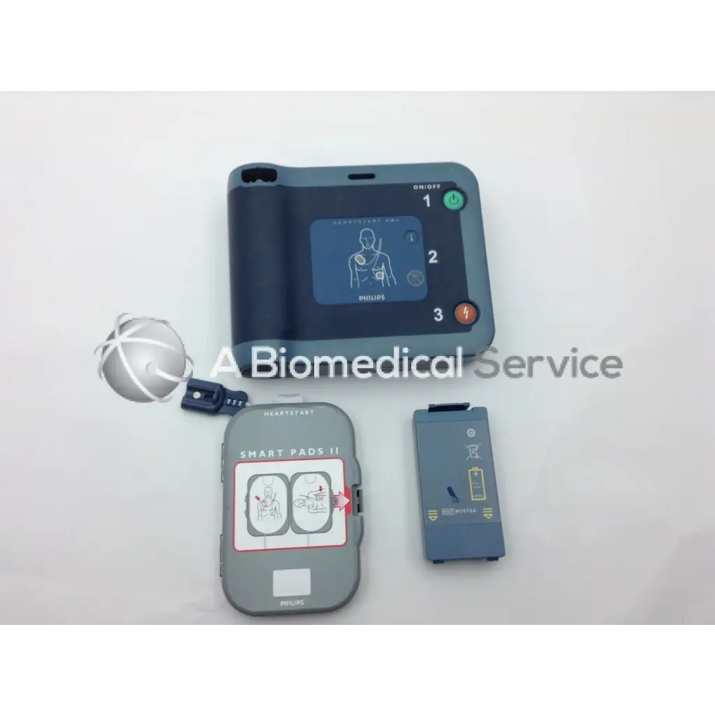 Philips heartstart frx automated external defibrillator with gray black casing and digital electrode placement display