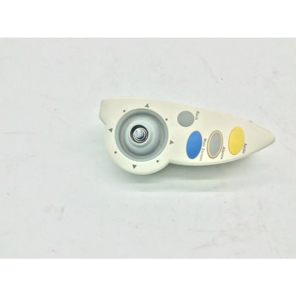 Cream-colored philips m4046-61402 patient monitor controller with circular navigation pad and three colored function buttons