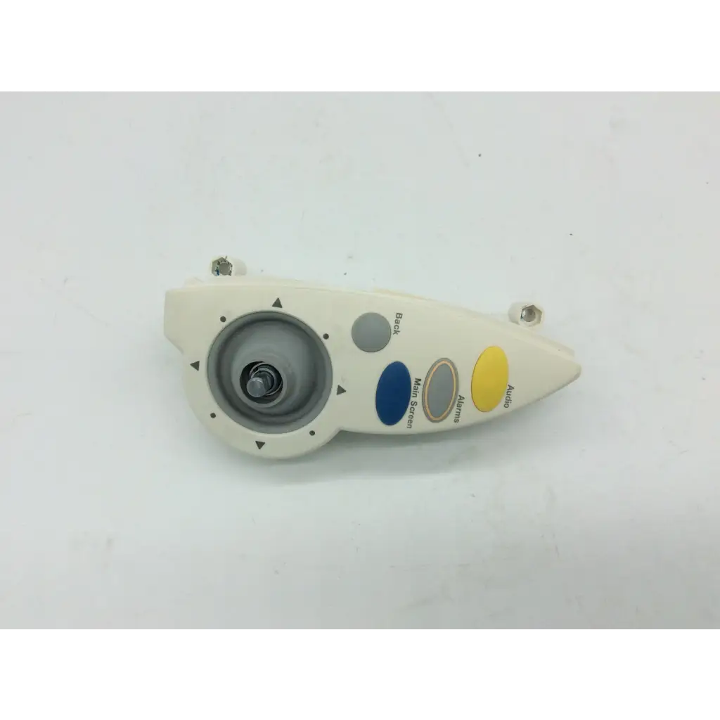 White plastic philips m4046-61402 patient monitor controller with circular dial and blue main screen button