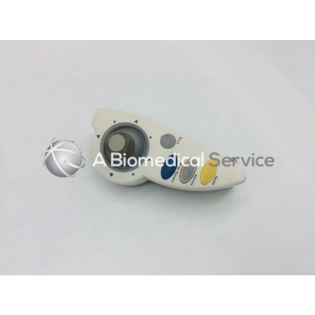White plastic Philips IntelliVue M4046-61402 patient monitor controller with circular dial and alarm video buttons
