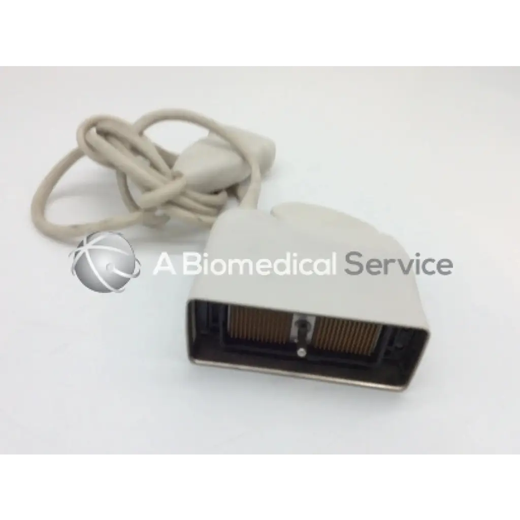 Philips L17-5 off-white plastic linear array ultrasound transducer probe with coiled beige cable and gold contacts