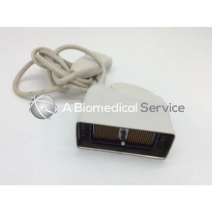 Philips L17-5 off-white plastic linear array ultrasound transducer probe with coiled beige cable and gold contacts