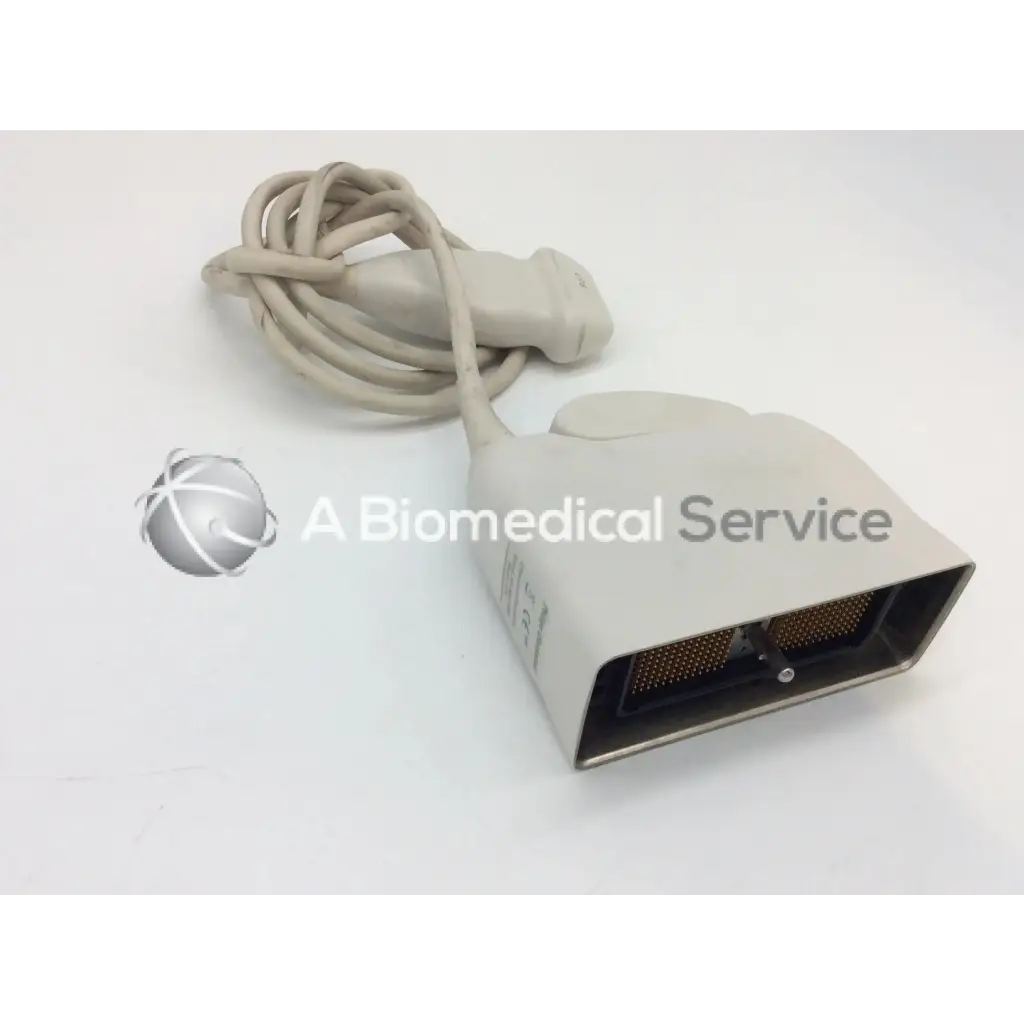 Beige Philips L17-5 linear array ultrasound transducer probe with coiled cable and metallic connector array for medical use