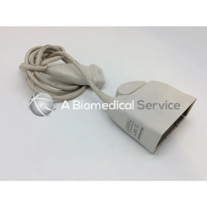 Beige philips l17-5 linear array ultrasound transducer probe with coiled cable and rectangular housing for medical use