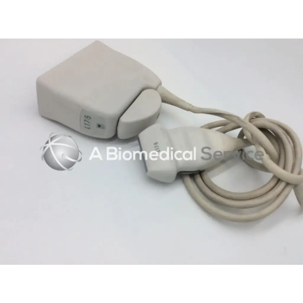Beige philips l17-5 linear array ultrasound transducer probe with coiled cable labeled l175 for medical imaging