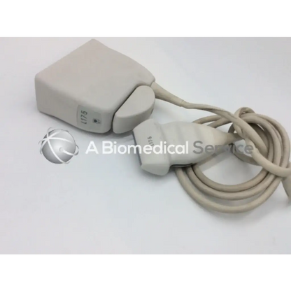 Beige philips l17-5 linear array ultrasound transducer probe with coiled cable labeled l175 for medical imaging