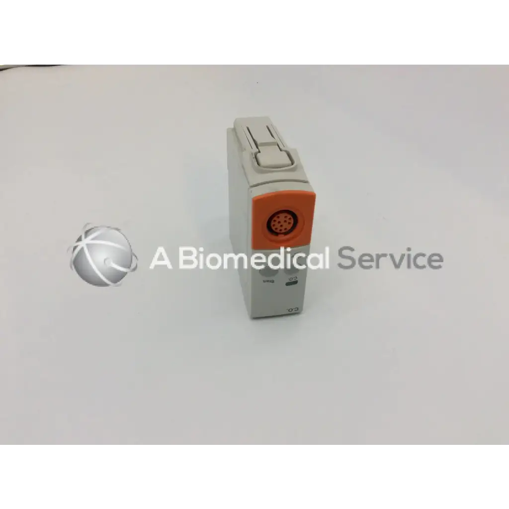 Philips m1012a continuous cardiac output monitoring module gray and orange rectangular device with latch and circular port