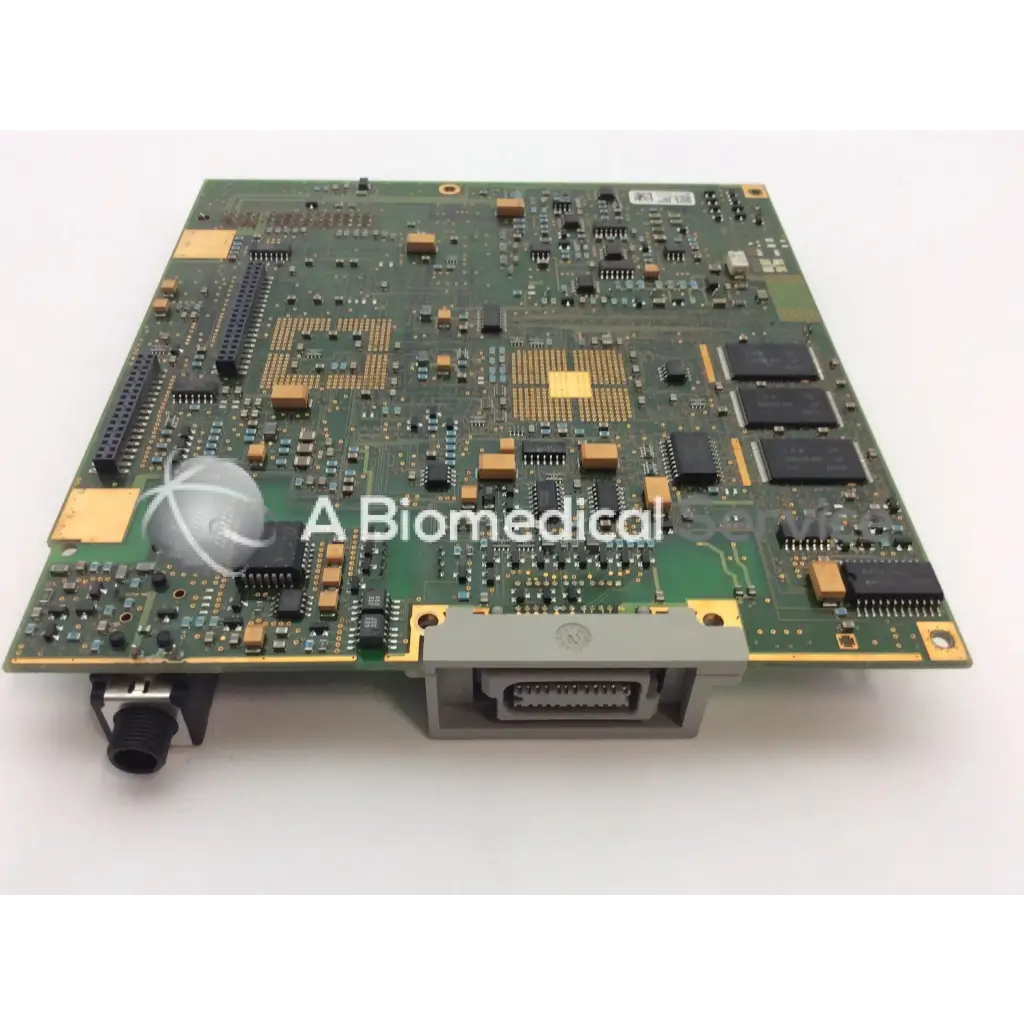 Philips M3046-66402 patient monitor circuit board with green PCB, gold contacts, black and orange ICs, and gray connector housing