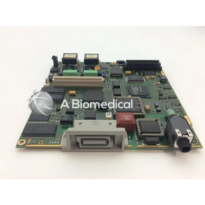 Philips m3046-66402 patient monitor circuit board with green board, black and gray components, and red rectangular chip