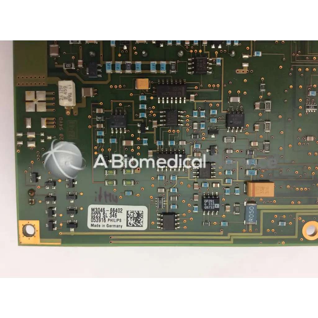 Green patient monitor circuit board by philips with electronic components and white label for medical use