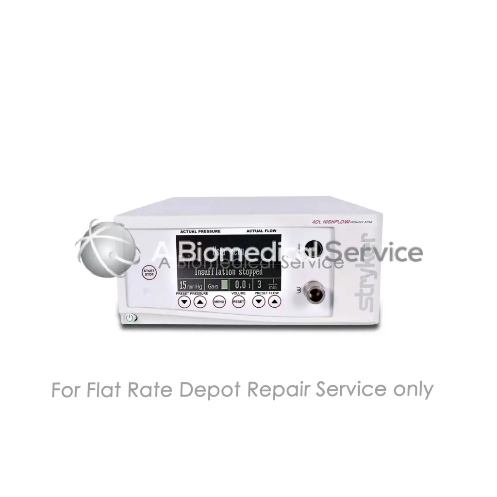 White rectangular stryker 40l abl highflow insufflator medical equipment showing insufflation stopped for repair service