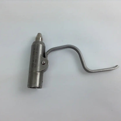 Silver metallic cordless driver with curved handle and engraved markings from stryker system 8 driver set with aesculap case