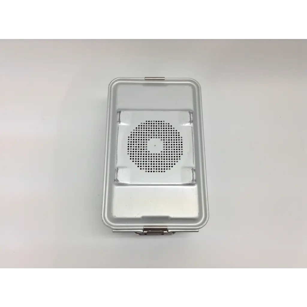 Silver rectangular metal aesculap case with circular perforated lid for the stryker system 8 cordless driver set