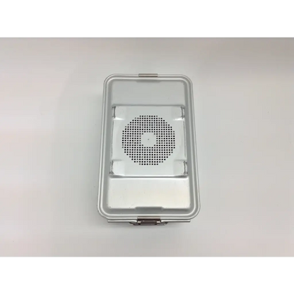 Silver rectangular metal aesculap case with circular perforated lid for the stryker system 8 cordless driver set