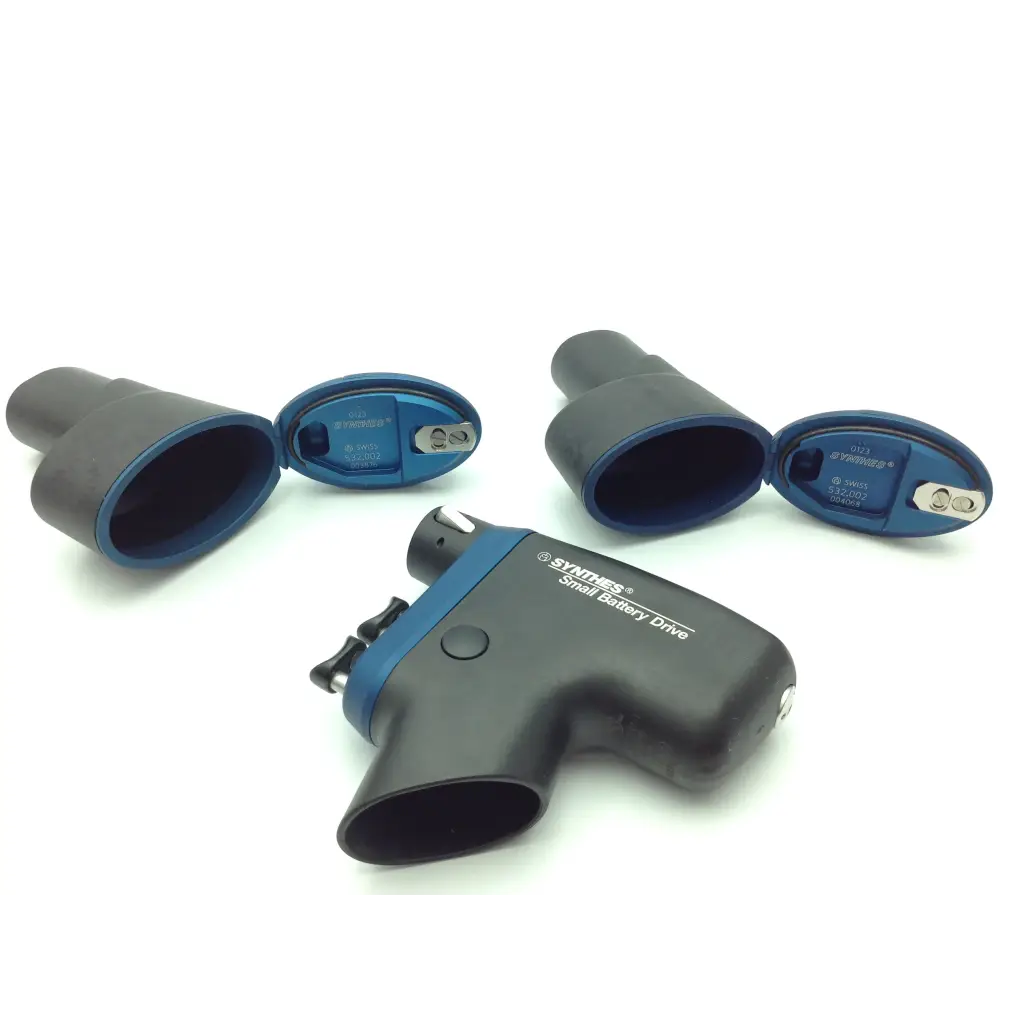 Black and blue swiss synthes small battery power drive with textured grip and two detachable battery compartments