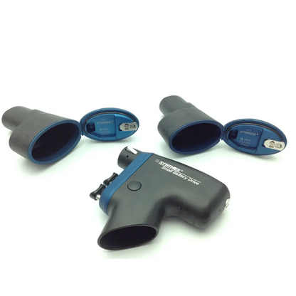 Black and blue swiss synthes small battery power drive with textured grip and two detachable battery compartments