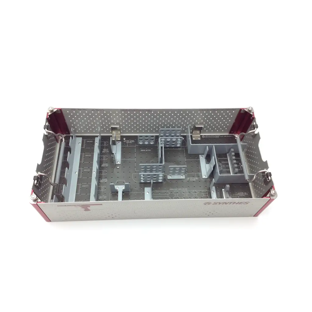 Gray and maroon swiss synthes small battery power drive tray with perforated interior and organized compartments