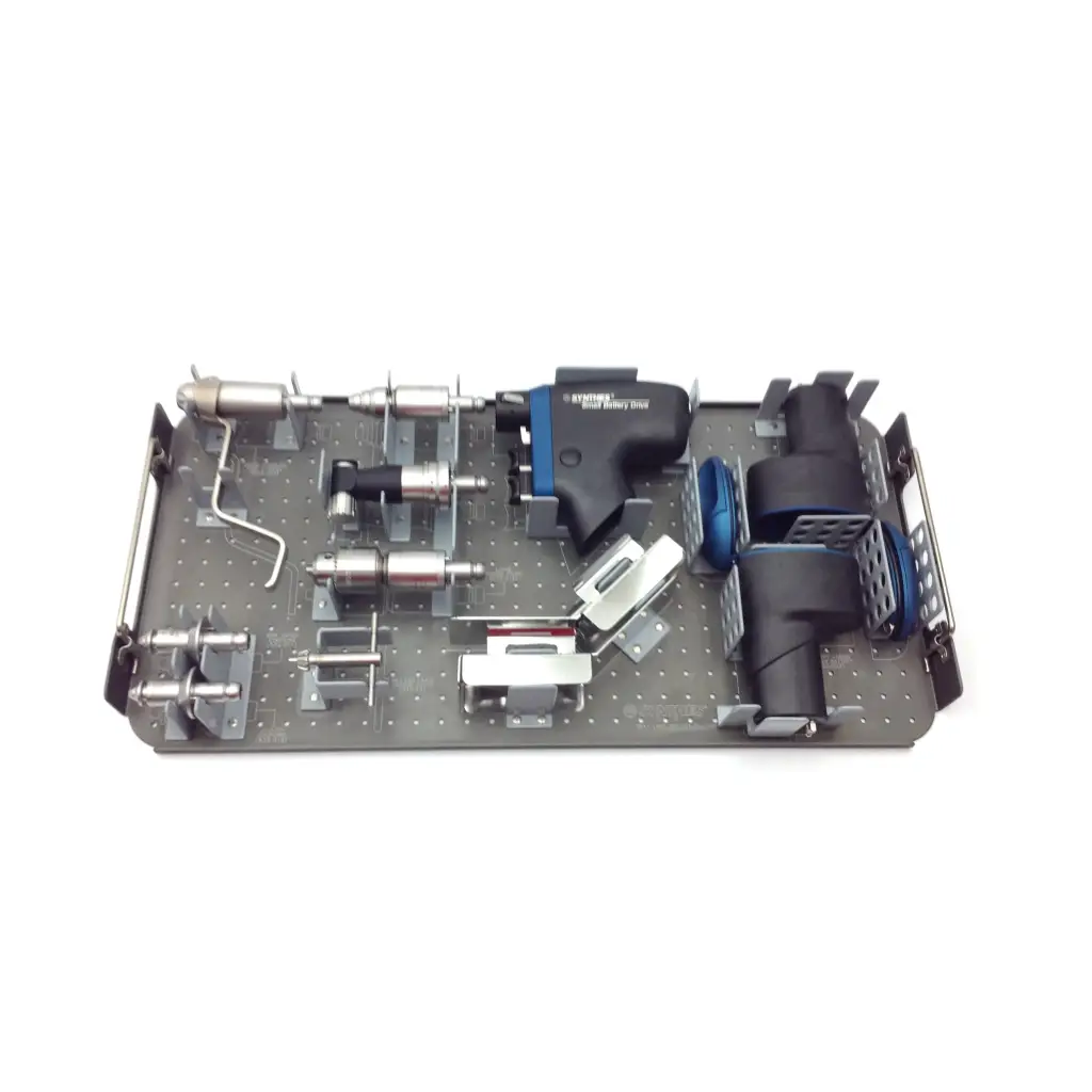 Black and blue ryobi power tool organizer tray with metal pegboard surface for swiss synthes small battery power set