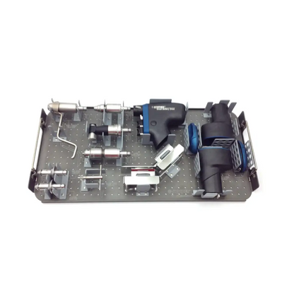 Black and blue ryobi power tool organizer tray with metal pegboard surface for swiss synthes small battery power set
