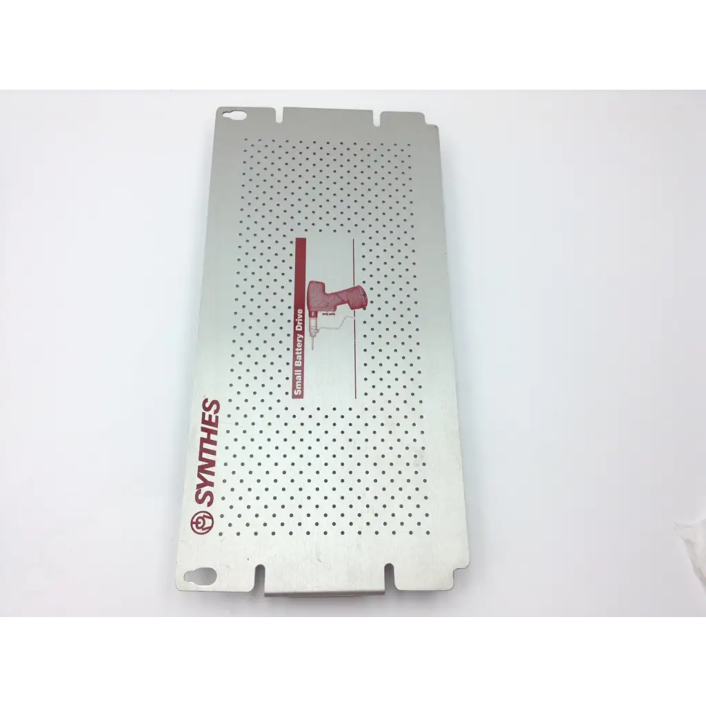 Silver perforated metal panel with red synthes logo and small battery drive for swiss synthes small battery power set