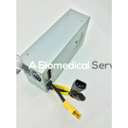 Silver metallic rectangular tripp lite hc150sl medical cart power supply unit with black and yellow cables and connectors