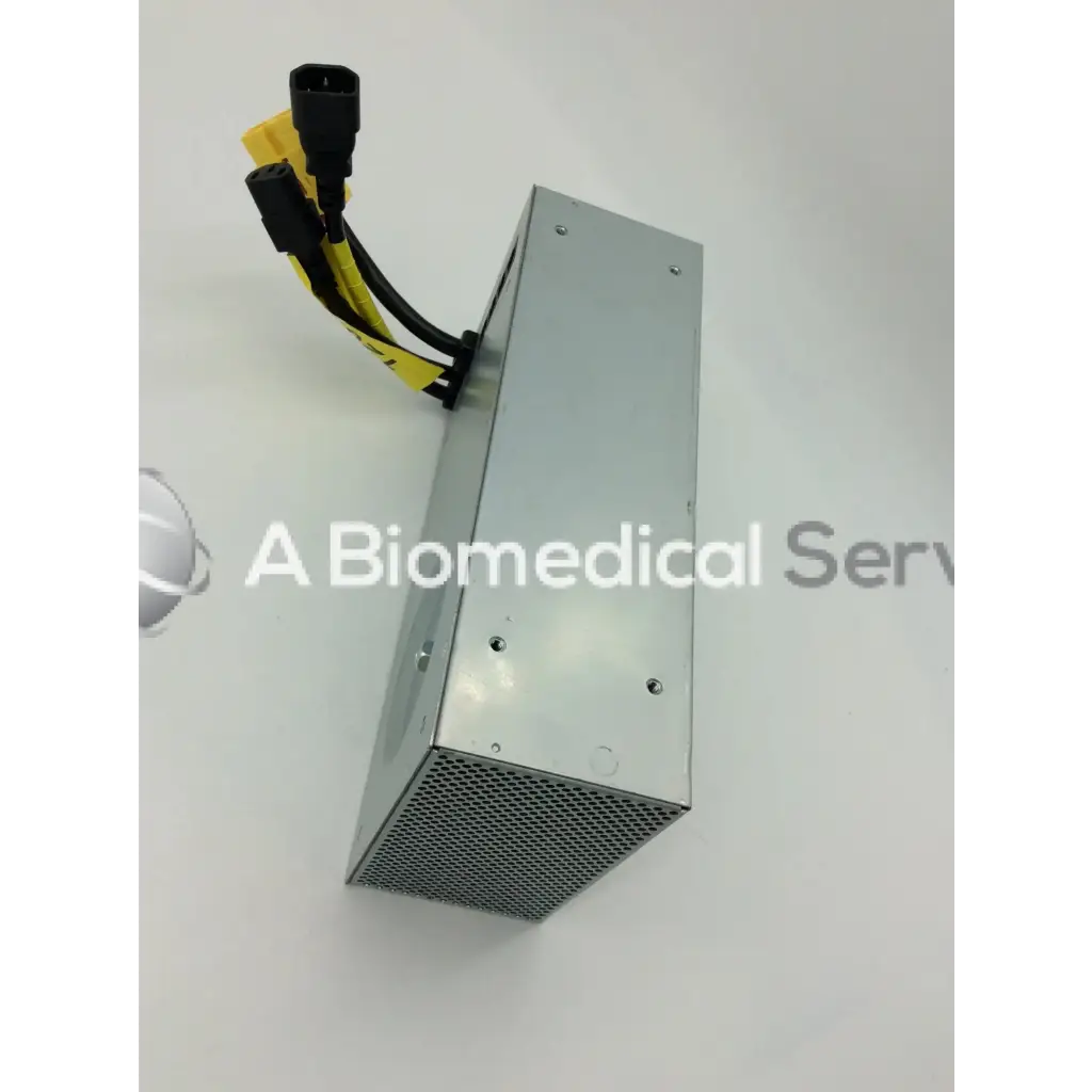 Silver metallic tripp lite hc150sl medical cart power supply with ventilation grille and black yellow cables extending from top