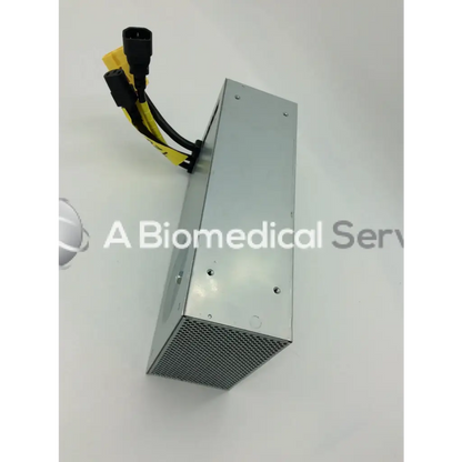 Silver metallic tripp lite hc150sl medical cart power supply with ventilation grille and black yellow cables extending from top