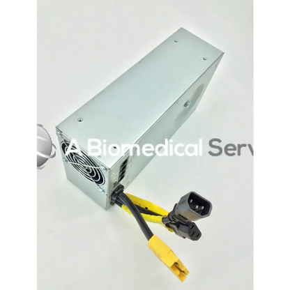 Silver metallic rectangular tripp lite hc150sl medical cart power supply with black and yellow cables and connectors