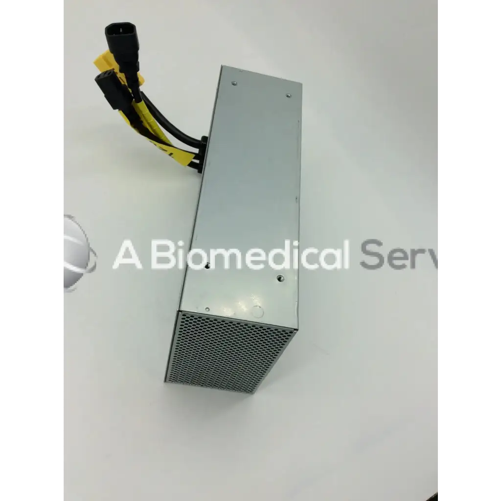 Silver metallic rectangular tripp lite hc150sl medical cart power supply with black and yellow cables from one end