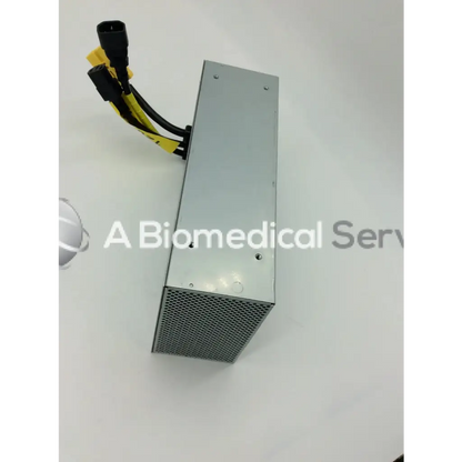 Silver metallic rectangular tripp lite hc150sl medical cart power supply with black and yellow cables from one end