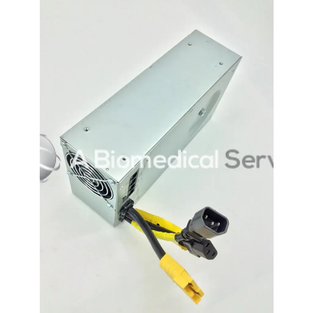 Silver metallic rectangular tripp lite hc150sl medical cart power supply with black and yellow cables and connectors