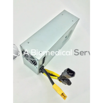 Silver metallic rectangular tripp lite hc150sl medical cart power supply with black and yellow cables and connectors