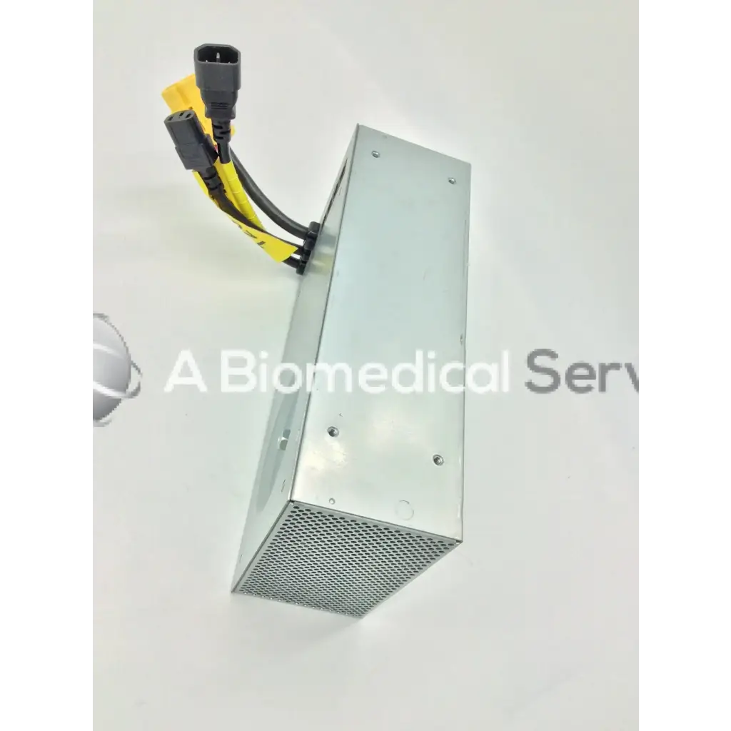 Silver metallic rectangular tripp lite hc150sl medical cart power supply with perforated grille and yellow black cables