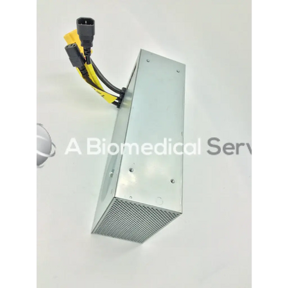 Silver metallic rectangular tripp lite hc150sl medical cart power supply with perforated grille and yellow black cables