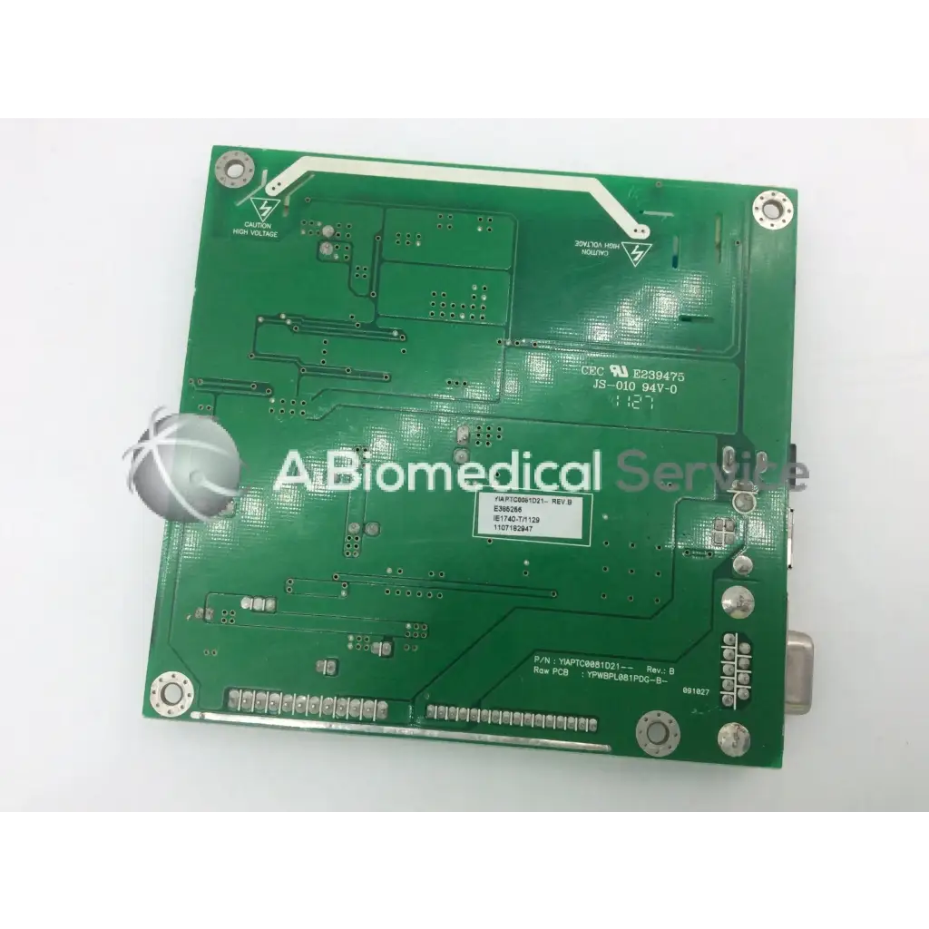 Green rectangular tyco electronics e385256 rev circuit board with silver screws and white labeling visible on front side