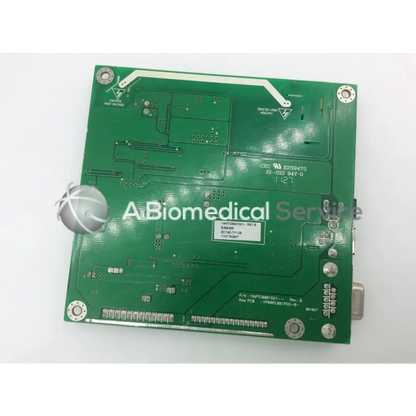 Green rectangular tyco electronics e385256 rev circuit board with silver screws and white labeling visible on front side