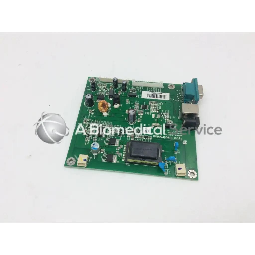Green rectangular circuit board with electronic components and connectors tyco electronics e385256 rev b board