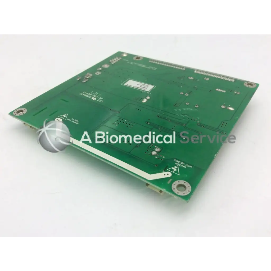 Green rectangular circuit board with silver solder points and white labeling for tyco electronics e385256 rev b use