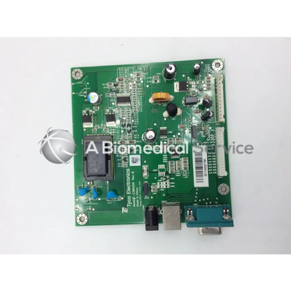 Green printed circuit board with black rectangular module and blue connectors tyco electronics e385256 rev B board