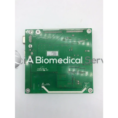 Green rectangular circuit board with silver solder points and slots for components tyco electronics e385256 rev B board