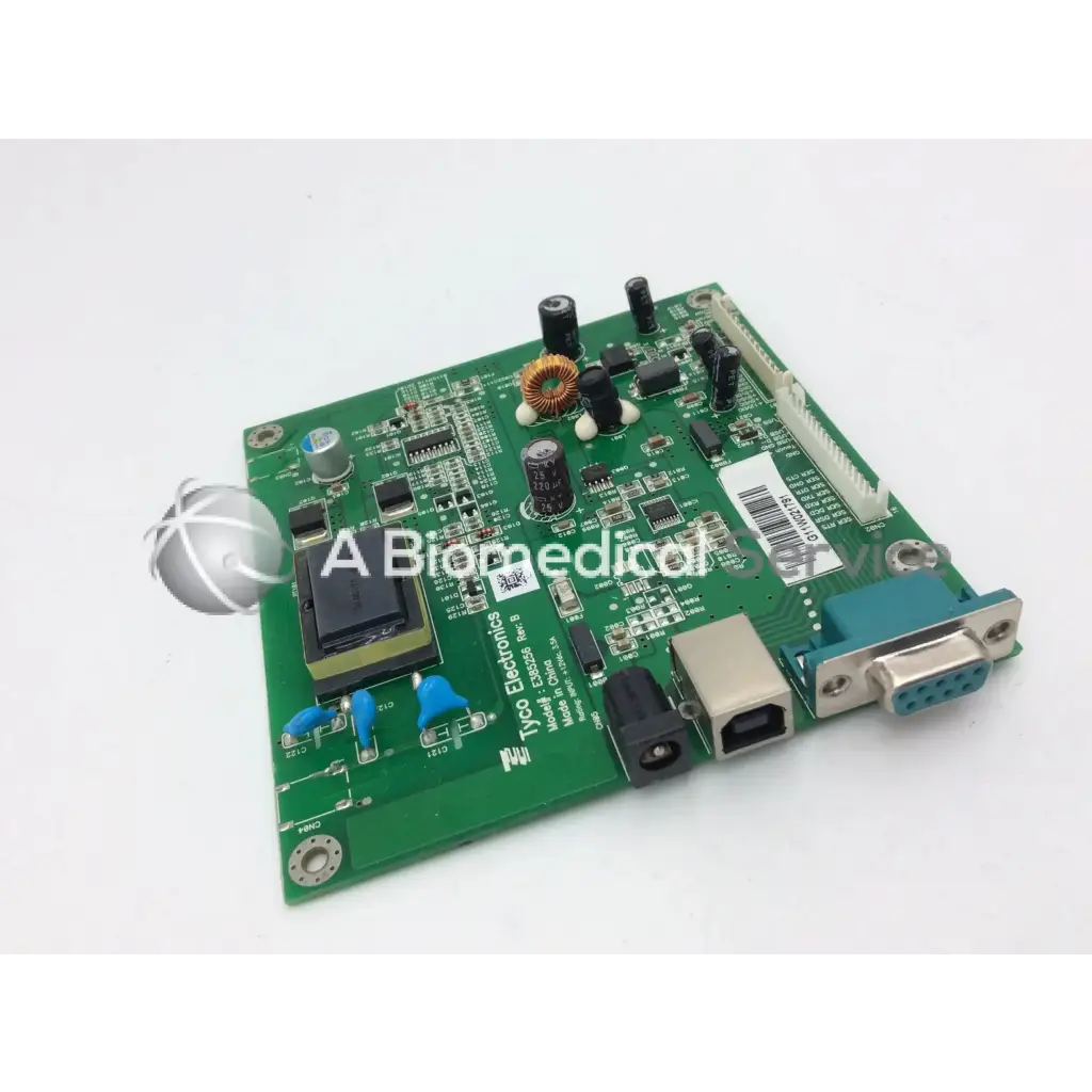 Tyco electronics e385256 rev b green printed circuit board with black silver components and blue vga port white labeling