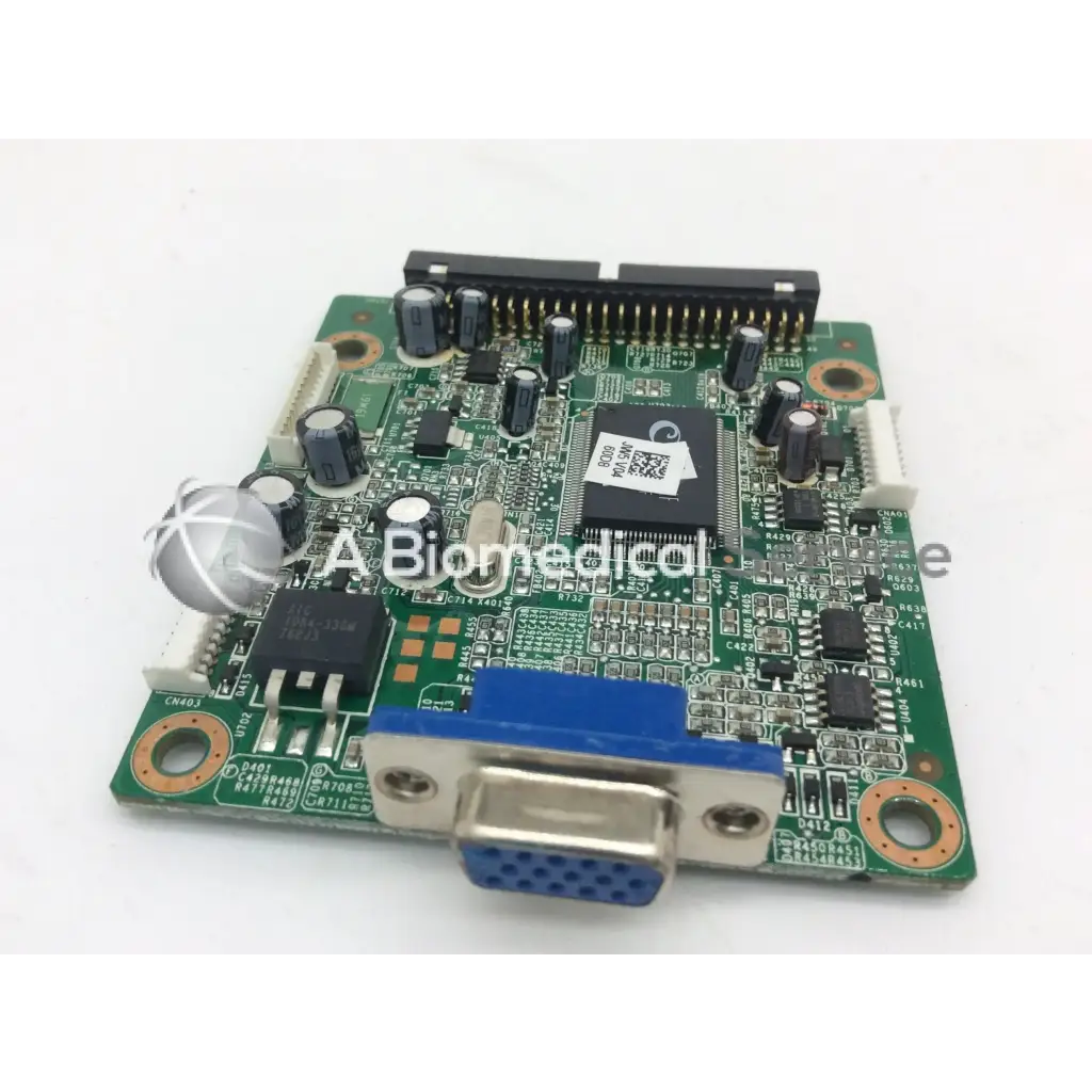 Green circuit board with black silver components blue vga connector and copper grounding rings tyco electronics e670547 rev c lcd ctr board