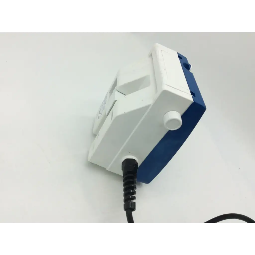 White and blue plastic wall-mounted electrical outlet with black coiled cord for tyco healthcare kangaroo enteral feeding pump