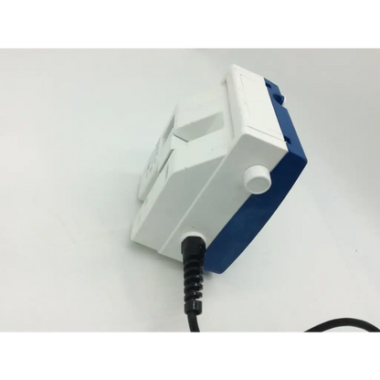 White and blue plastic wall-mounted electrical outlet with black coiled cord for tyco healthcare kangaroo enteral feeding pump