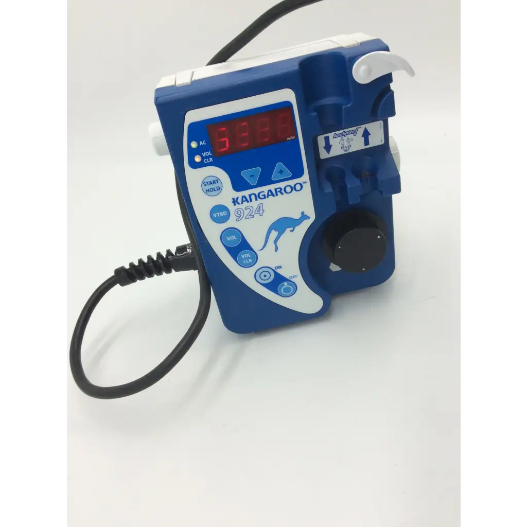 Tyco healthcare kangaroo 924 enteral feeding pump in blue and white with a digital display showing red numbers