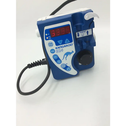 Tyco healthcare kangaroo 924 enteral feeding pump in blue and white with a digital display showing red numbers