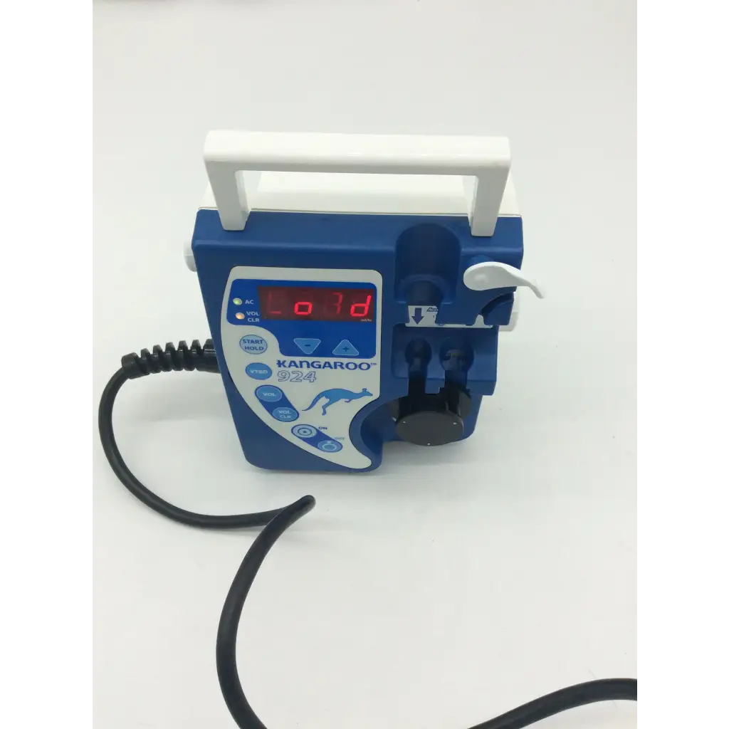 Blue and white Tyco Healthcare Kangaroo 924 enteral feeding pump with digital display showing 01d in red
