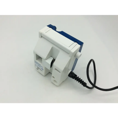 White and blue plastic electrical outlet with black coiled cord attached on tyco healthcare kangaroo 924 enteral feeding pump